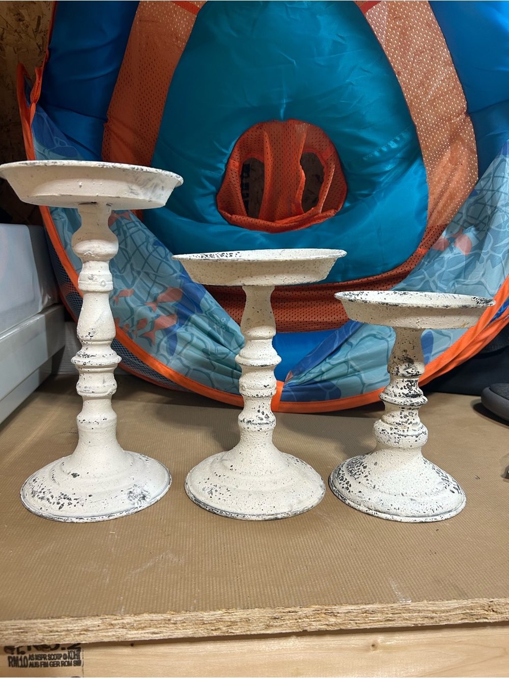 Neutral white Distressed Pedestal Candle Holders - Set of 3